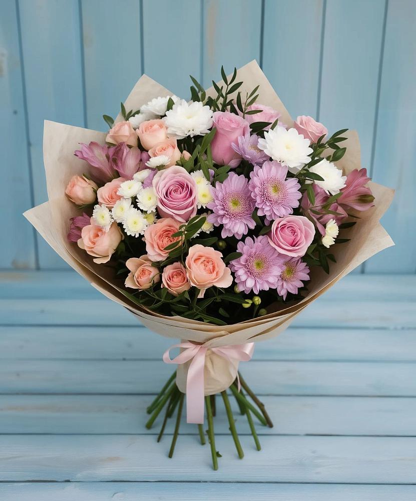 Букет цветов из: Хризантемы, Розы и Альстромерии в Гремячево