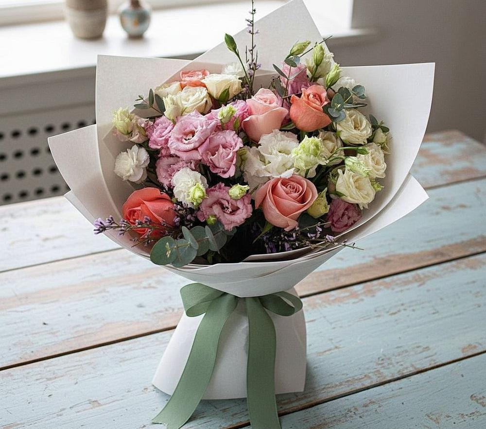 Букет цветов из: Розы, Лизиантусы и Гвоздики в Гремячево