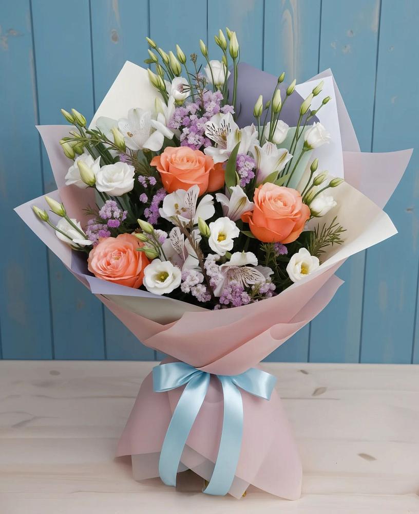 Букет цветов из: Лизиантусы, Розы, Альстромерии и Гипсофила в Гремячево