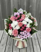 Букет цветов из:  Альстромерии, Гвоздики, Розы и Хризантемы в Гремячево