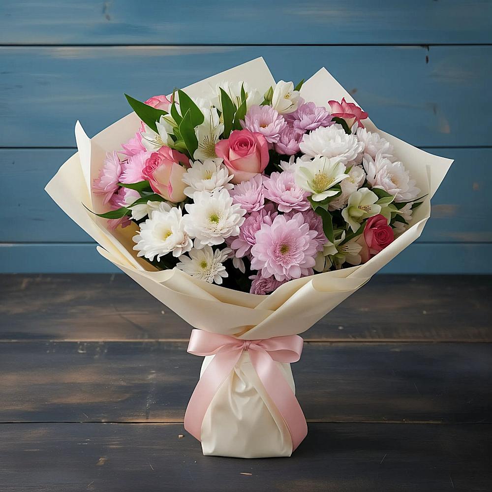 Букет цветов из: Хризантемы, Альстромерии и Розы в Гремячево